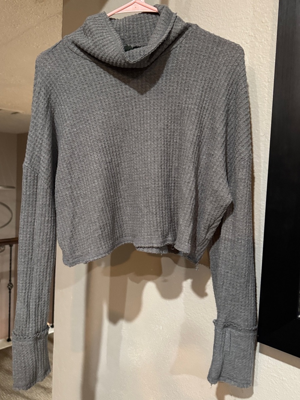 Gray Waffle Knit Cropped Cowl Neck Sweater